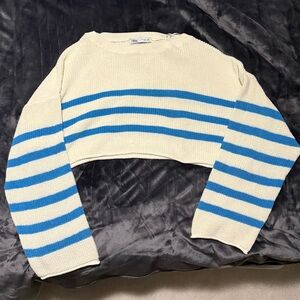 Zara Cream and Blue Striped Women's Sweater